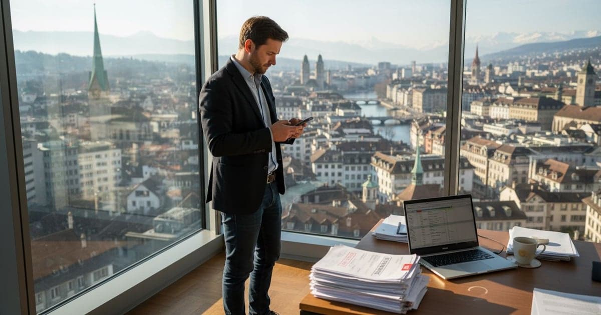 Entrepreneur looking out over Zurich from an office window