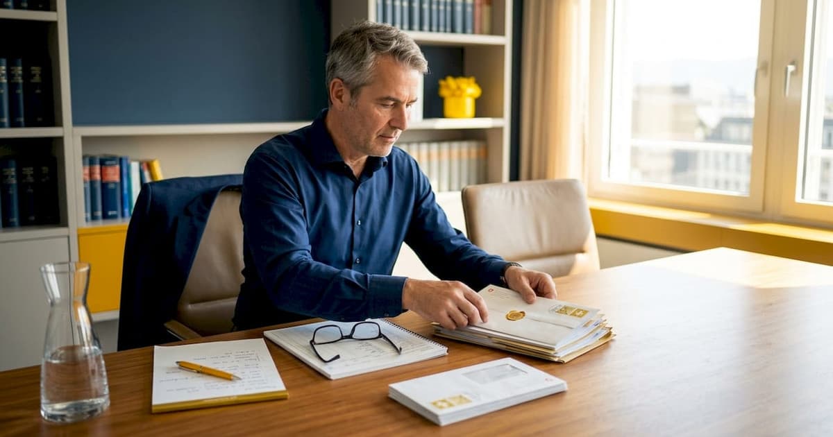 Business owner reviewing liquidation paperwork in a Swiss office