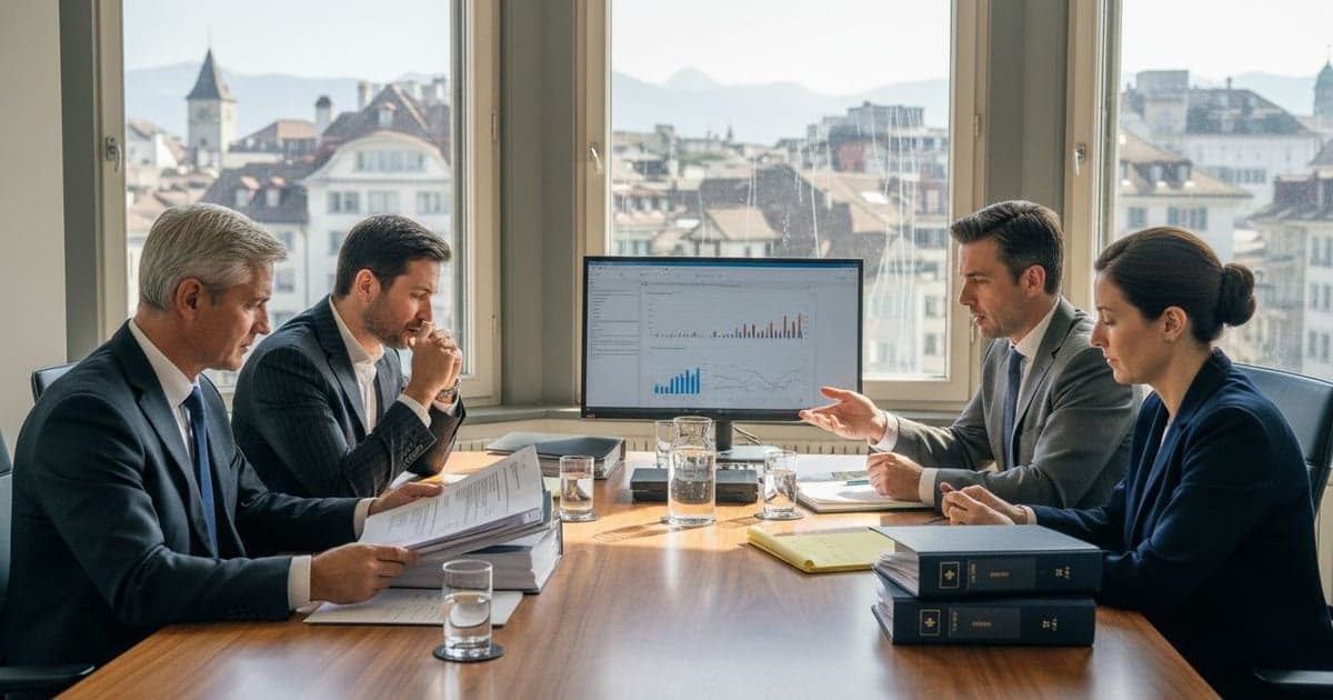 Advisers discussing merger documents in a Swiss office