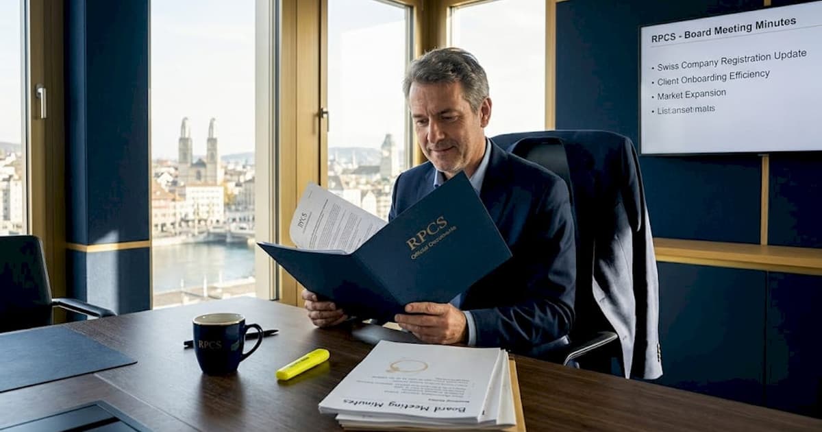 Executive reviewing company documentation in Switzerland