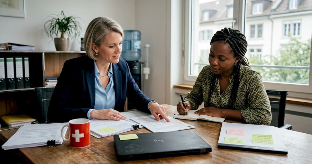 Legal adviser and client reviewing ownership papers in Switzerland