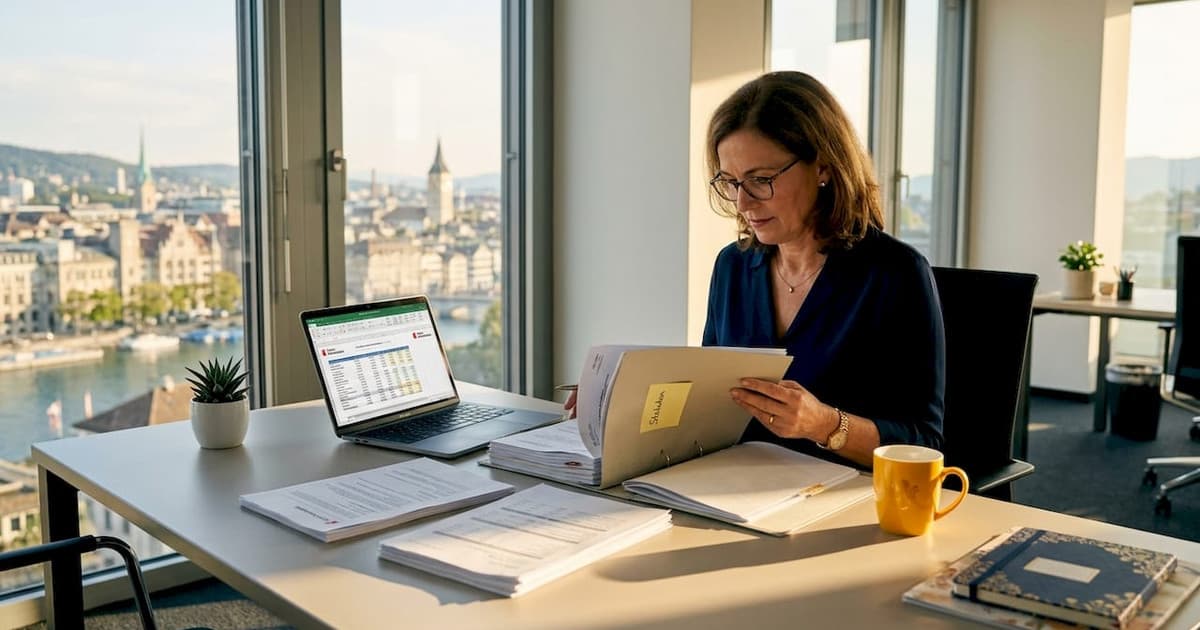 Consultant reviewing Swiss compliance documents