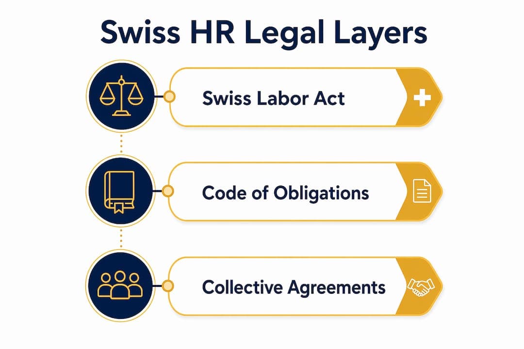 Infographic showing three key legal layers in Swiss HR process