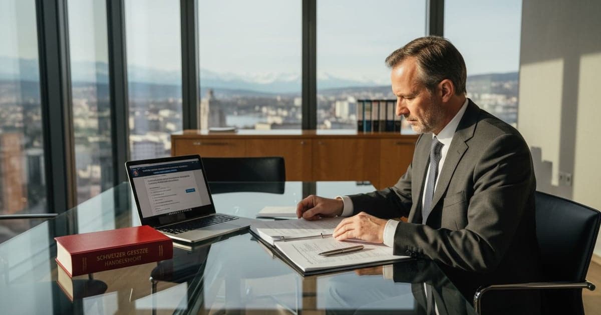 Professional reviewing incorporation documents in a Swiss office