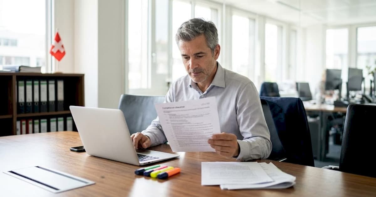 Executive working through a compliance checklist in a Swiss office