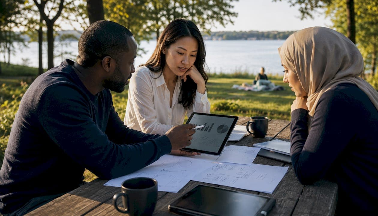 Entrepreneurs discussing share capital allocation around a table