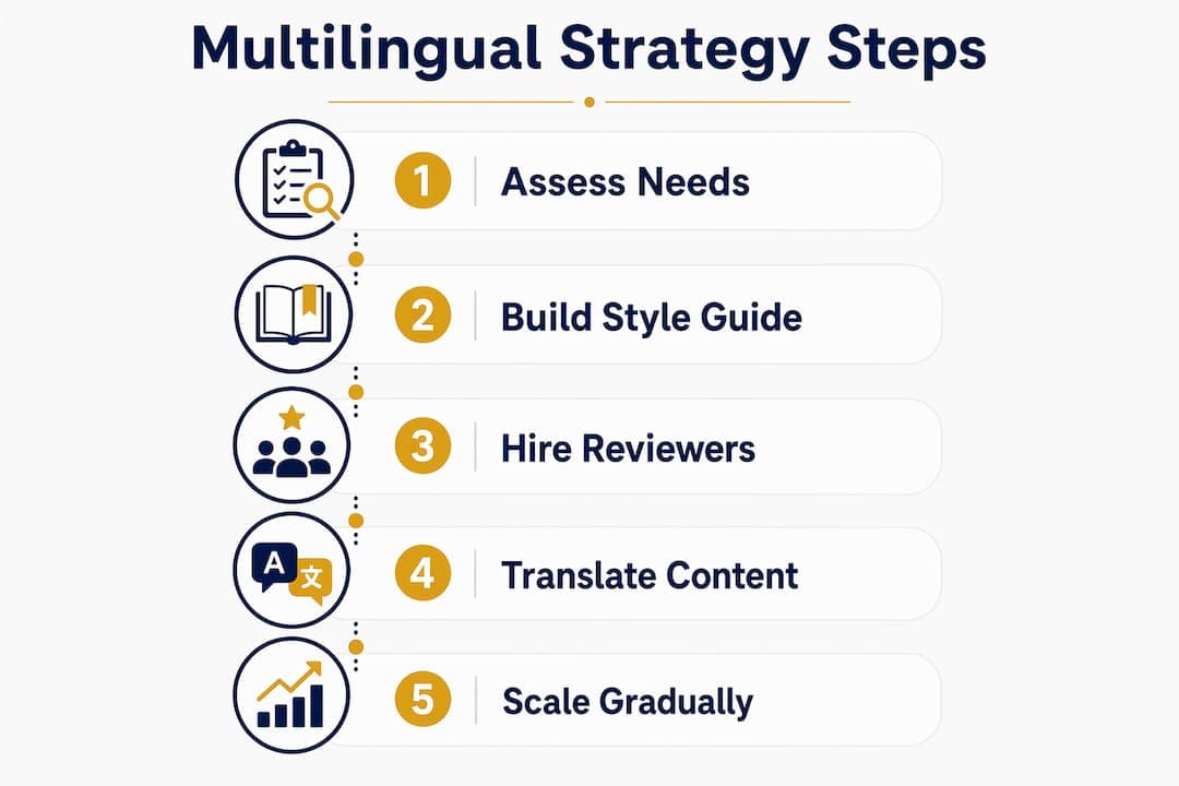 Infographic showing multilingual strategy steps