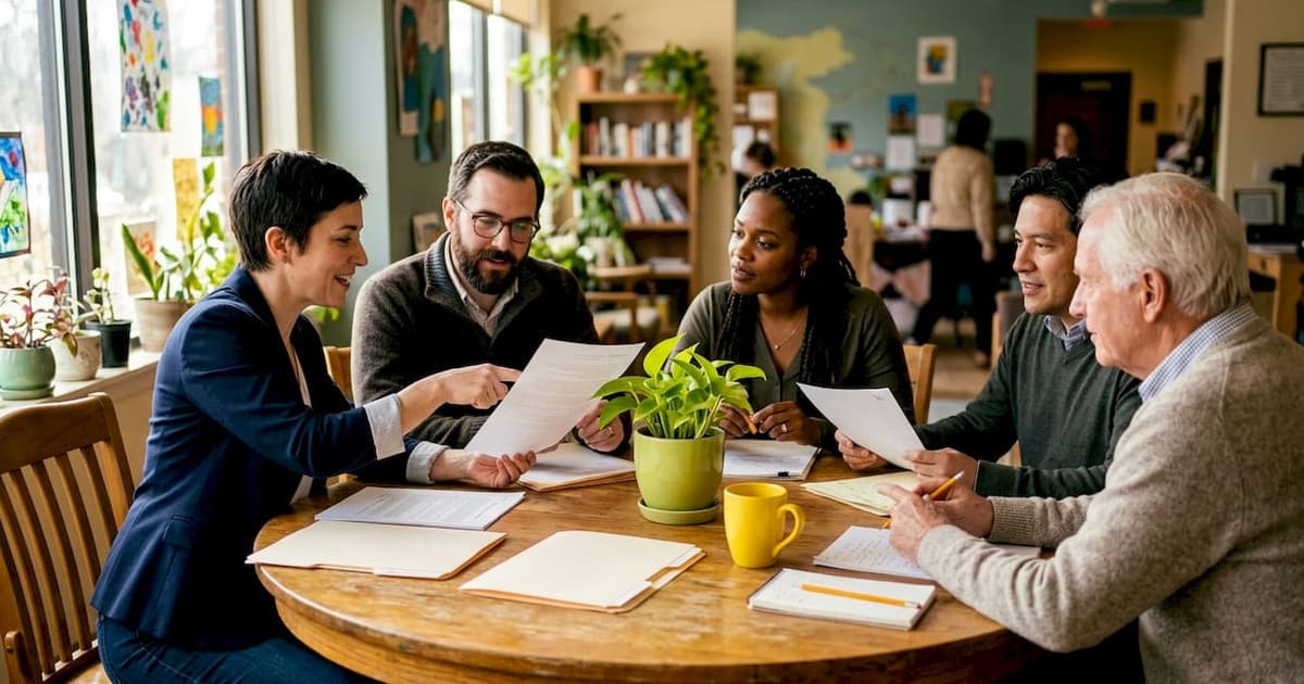 Nonprofit board members reviewing documents in a meeting
