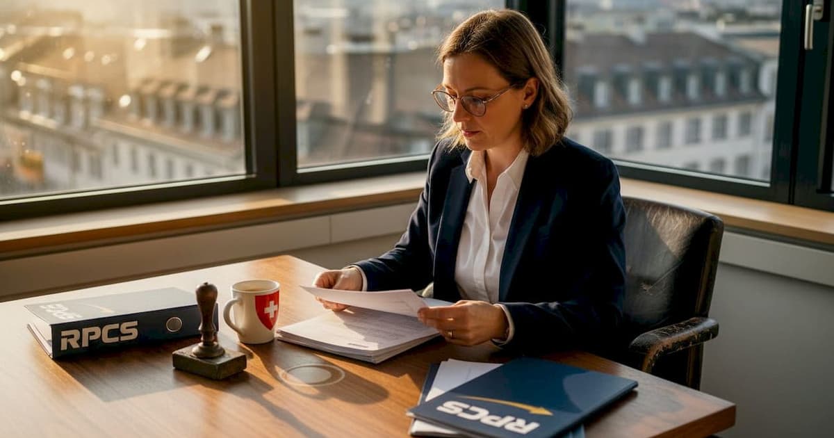Legal representative reviewing documents in a Zurich office
