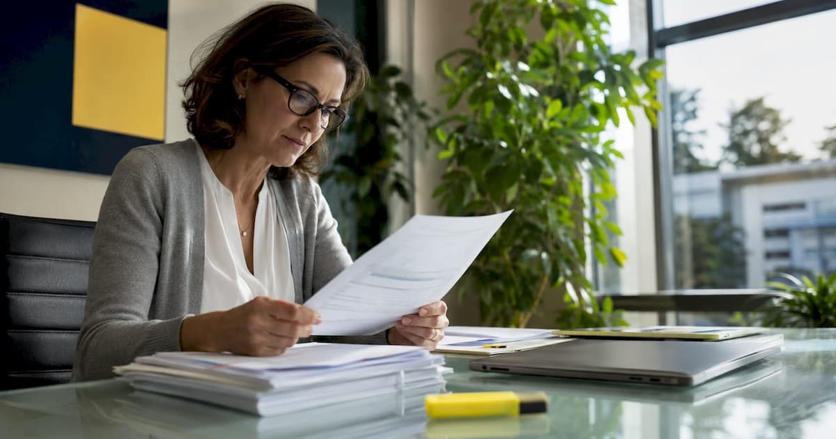 Businesswoman reviewing SEPA payment documentation