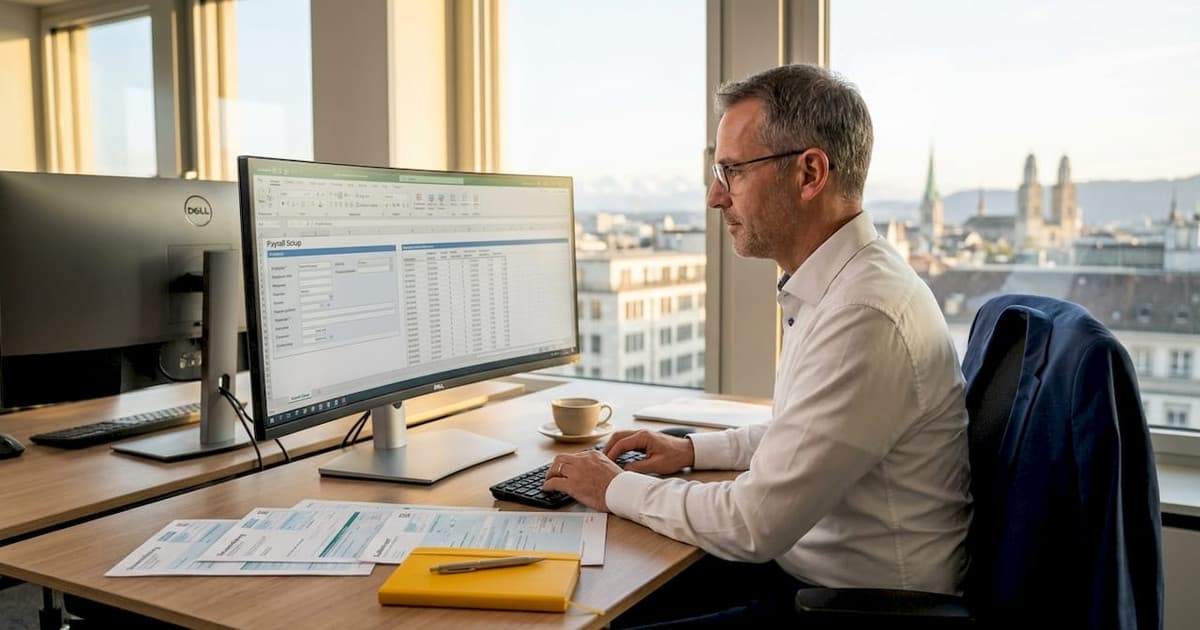 HR manager working on Swiss payroll in a city office