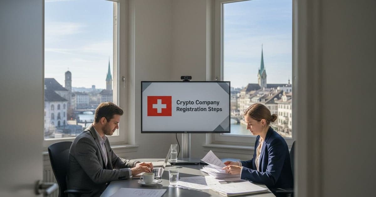 Professionals reviewing crypto company registration steps in a Swiss office