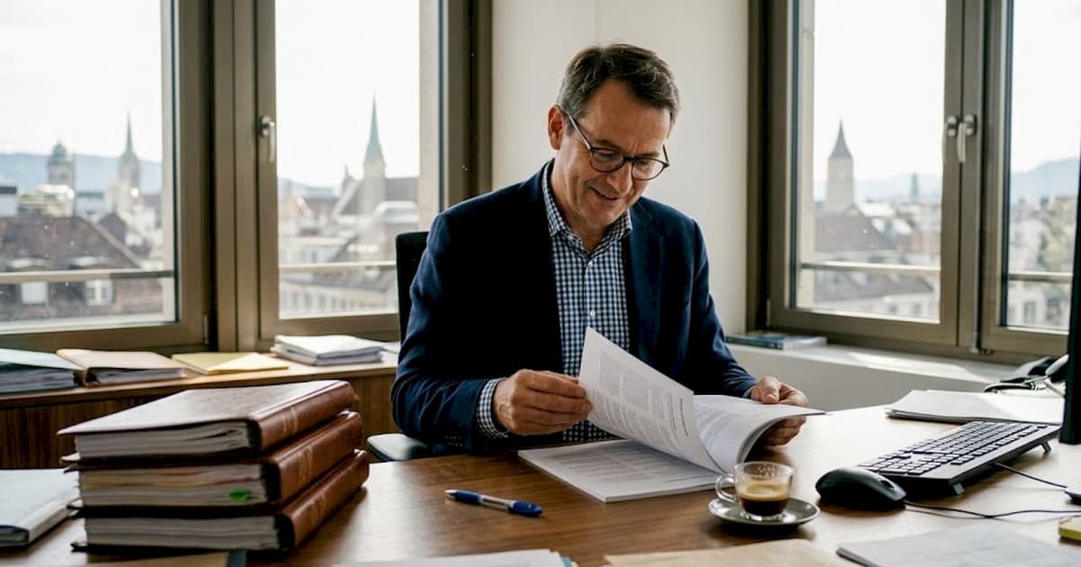 Finance manager reviewing a Swiss annual report