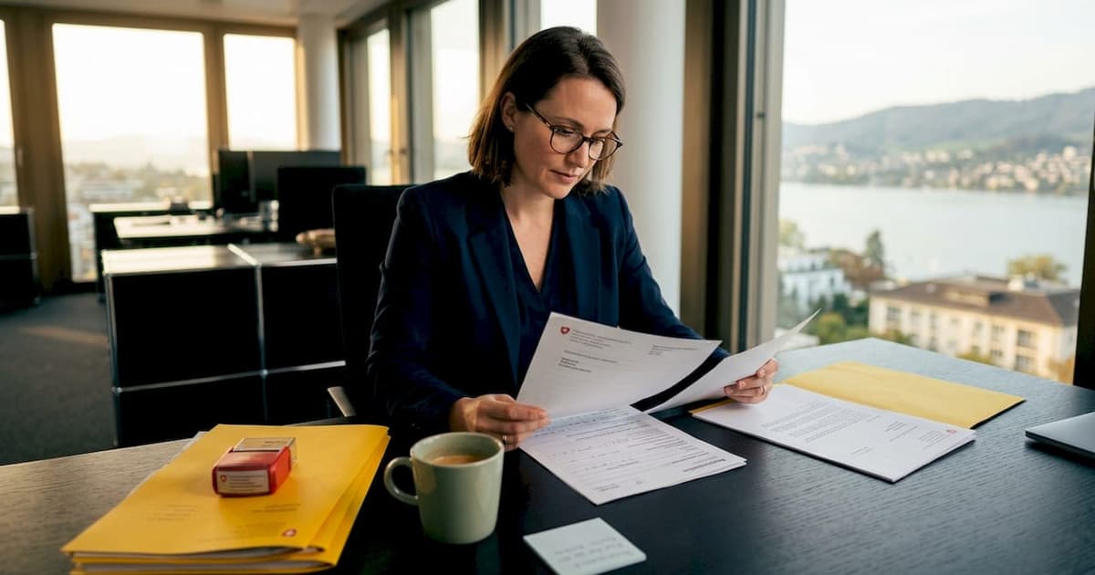 Entrepreneur reviewing business administration documents in Switzerland