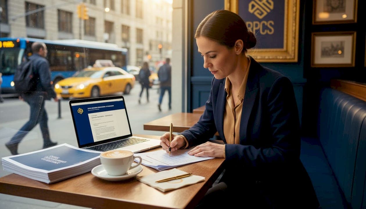 Entrepreneur filling out Swiss visa documents in café