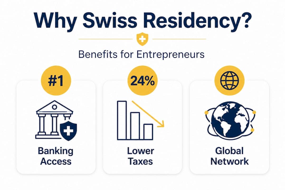 Infographic with top benefits of Swiss residency for entrepreneurs