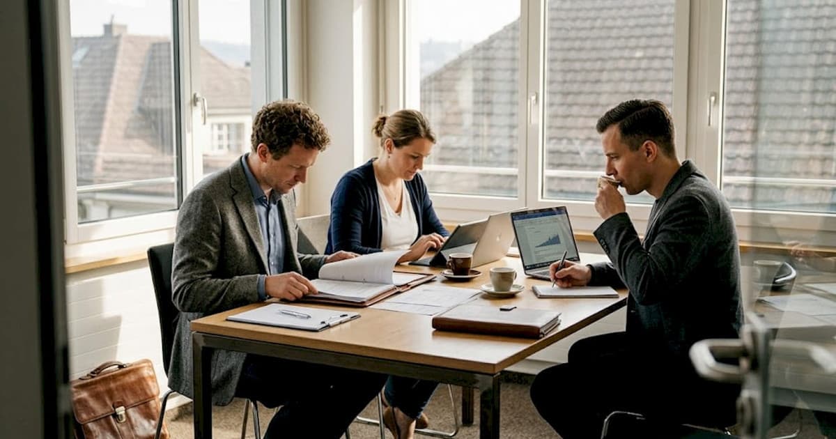 Entrepreneurs reviewing company structure documents in a Swiss office