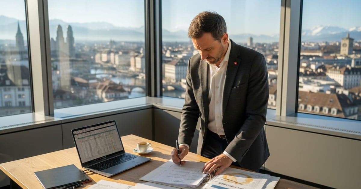 Entrepreneur reviewing Swiss visa paperwork in an office