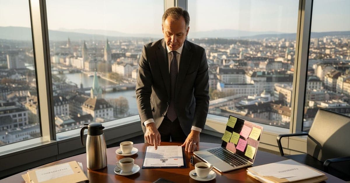Legal adviser reviewing dissolution papers in a Swiss office