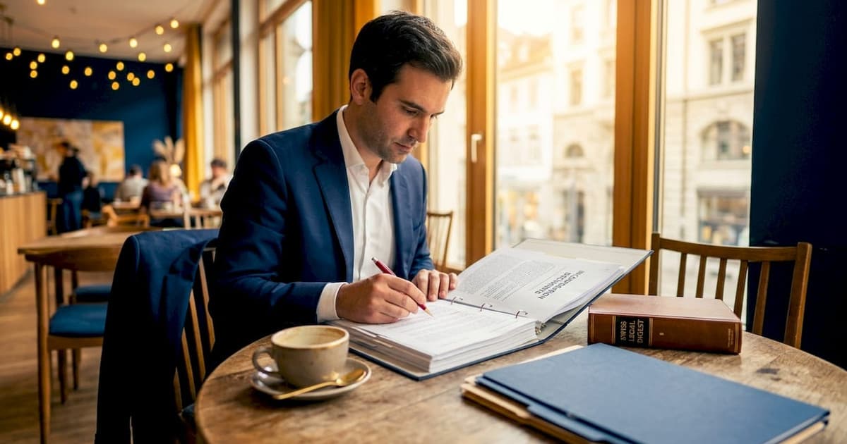 Lawyer reviewing an incorporation binder in a Zurich office