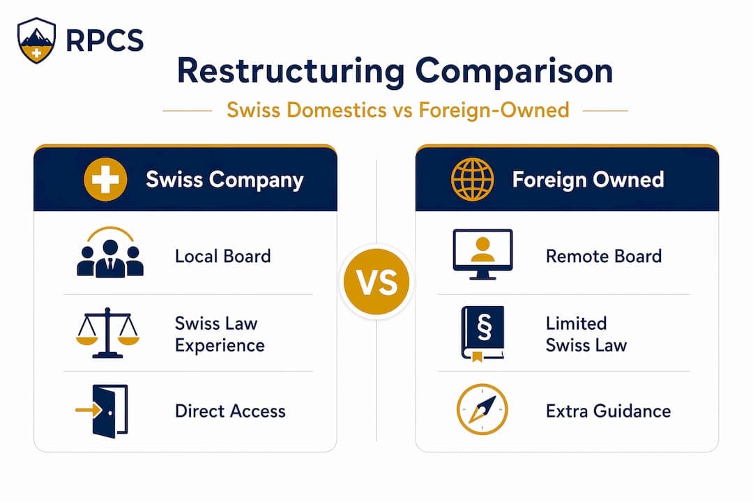 Infographic comparing Swiss and foreign restructuring
