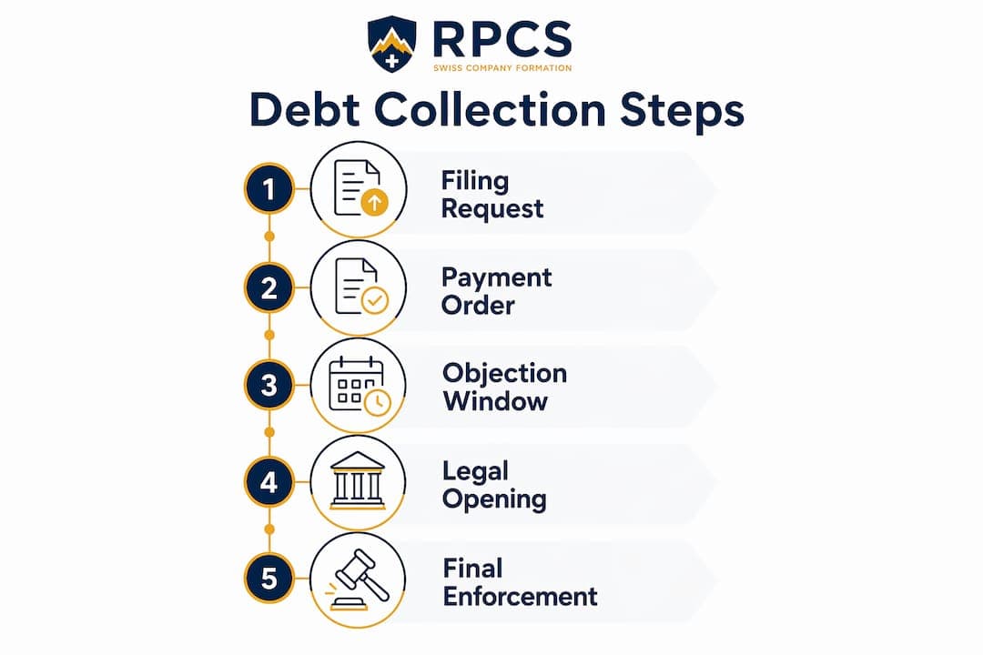 Infographic showing steps of Swiss debt collection process