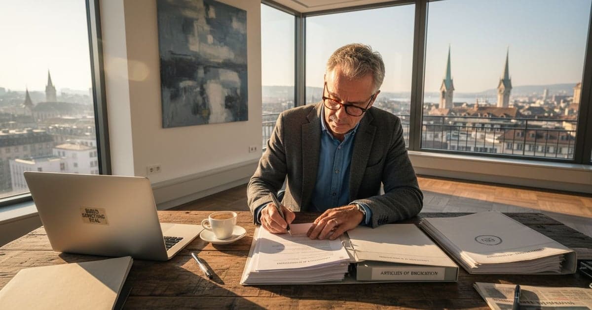 Entrepreneur signing Swiss GmbH formation papers