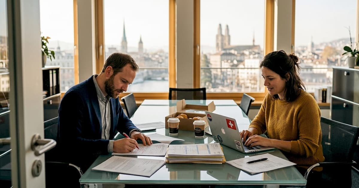 Entrepreneurs preparing Swiss GmbH documents in a Zurich office