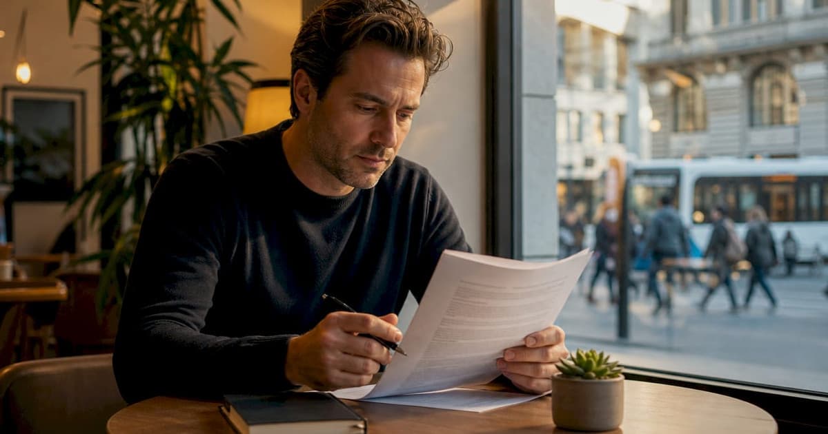 Entrepreneur reviewing Swiss residency documents at a desk