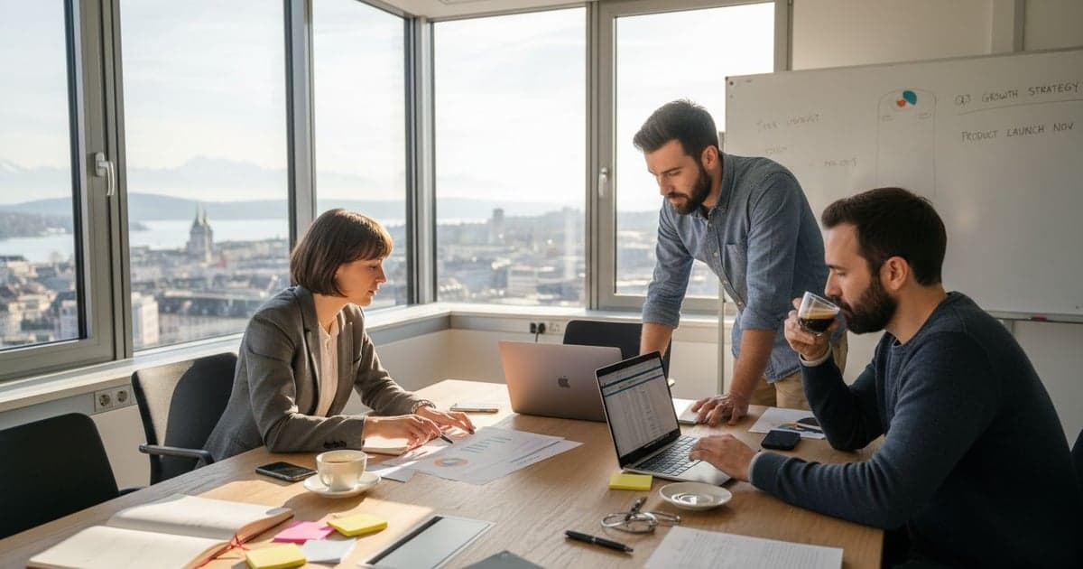Startup founders discussing a business plan in Switzerland