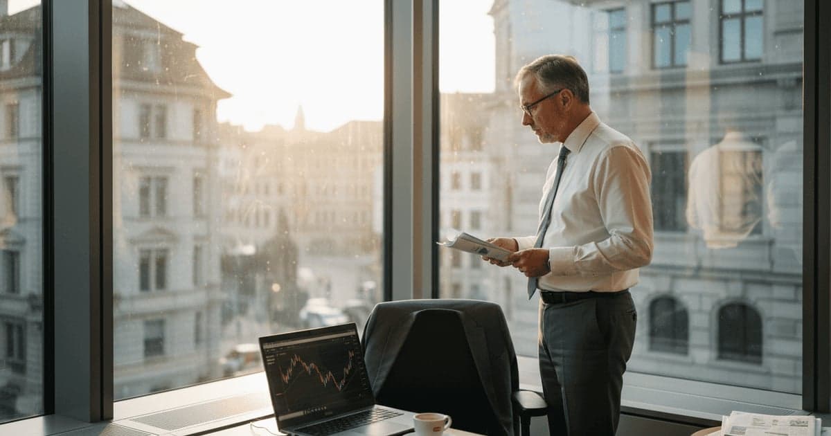 Banker in a Swiss office overlooking the Zurich skyline