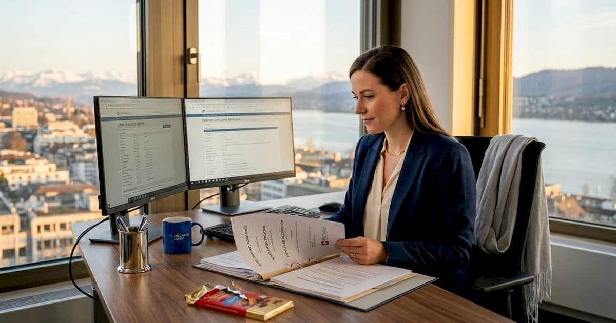 Fiduciary reviewing client files in a Swiss office