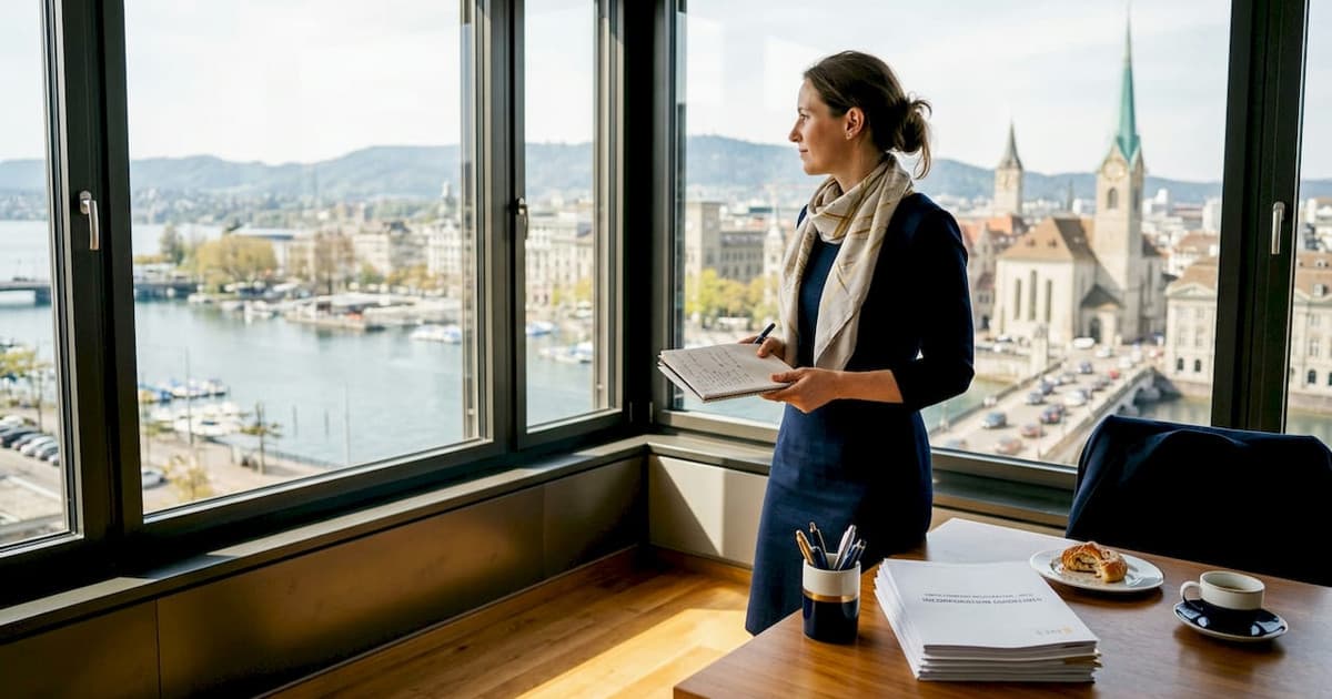 Businesswoman overlooking Zurich from a bright office
