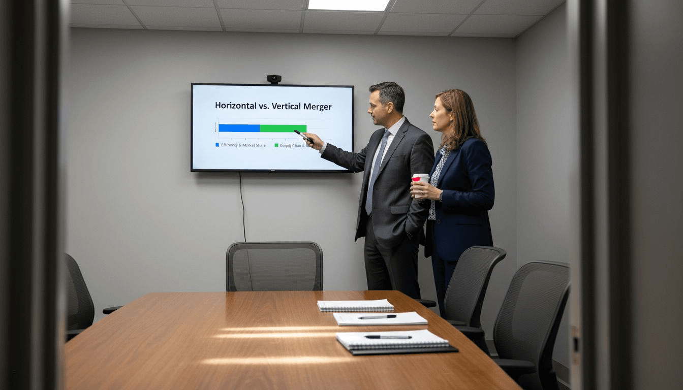 Executives review merger types chart
