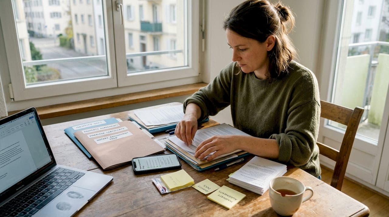 Swiss woman organizing notary documents at home