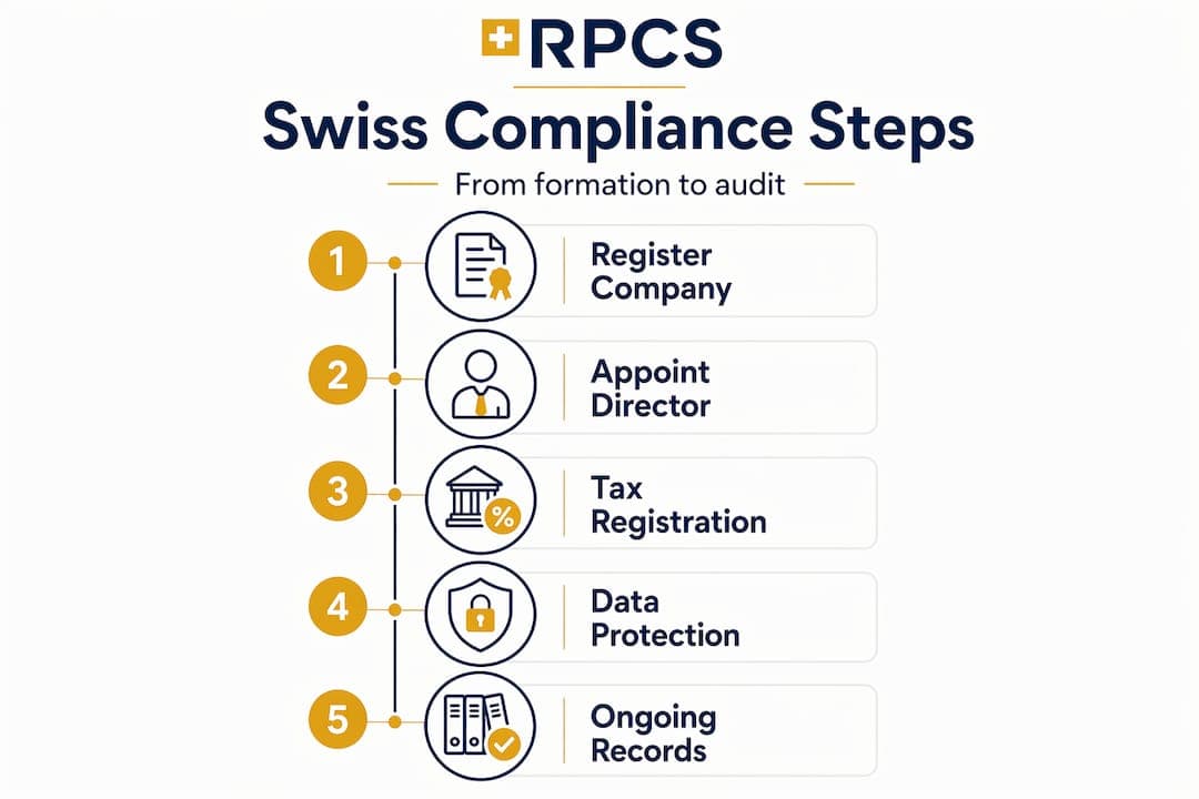 Infographic outlining Swiss compliance steps
