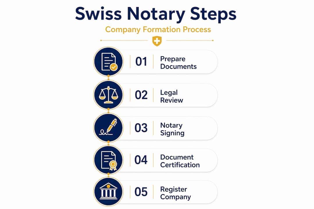 Infographic showing Swiss company notarization steps