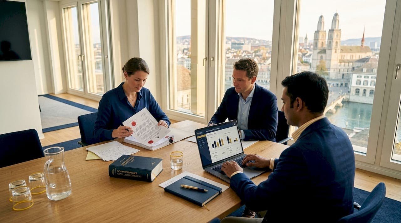 Business team discussing notarized Swiss documents
