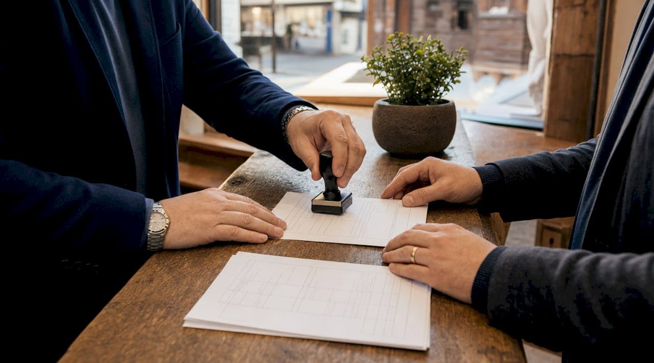 Hands exchanging SEPA payment documents at Swiss bank