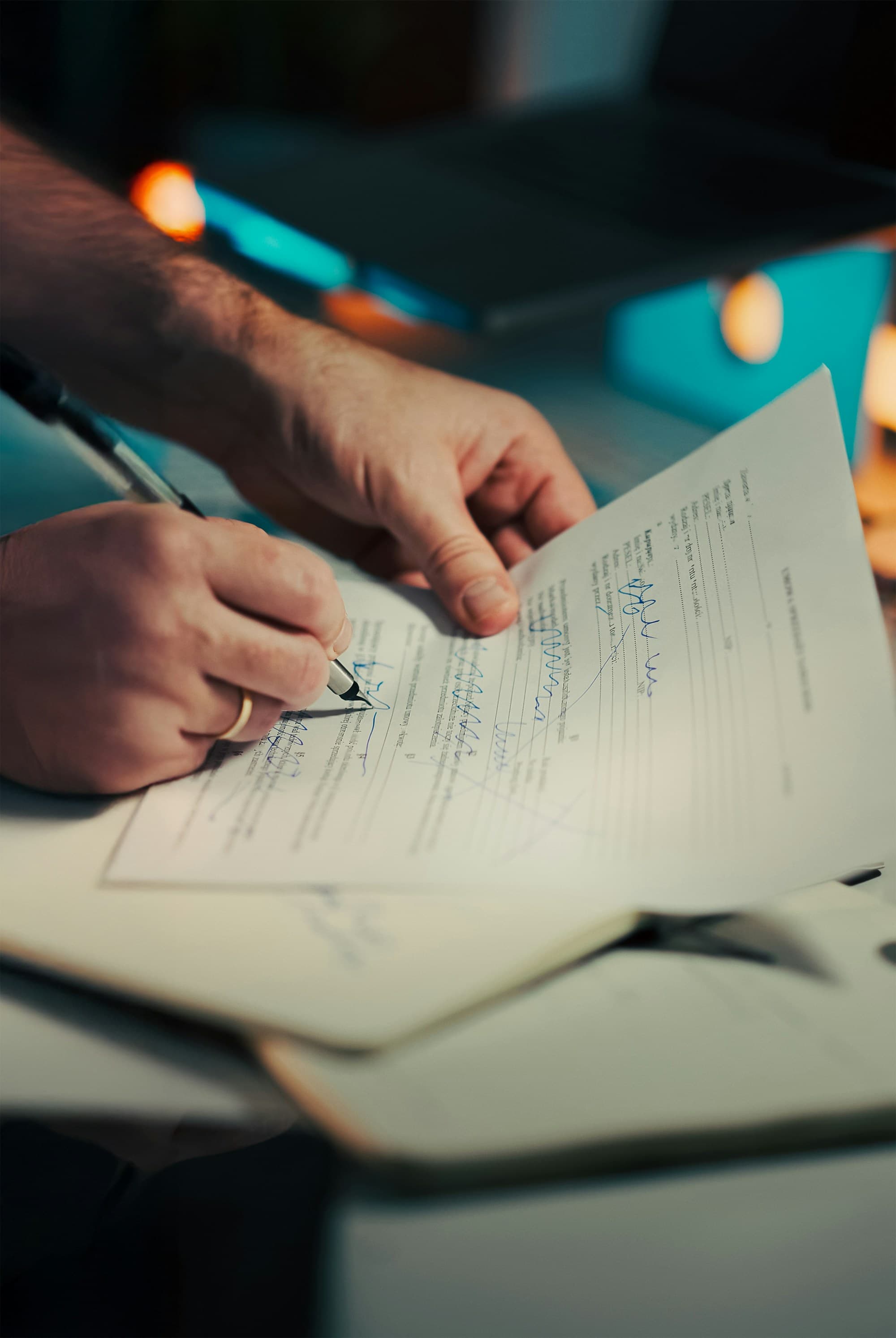 Hands signing a document