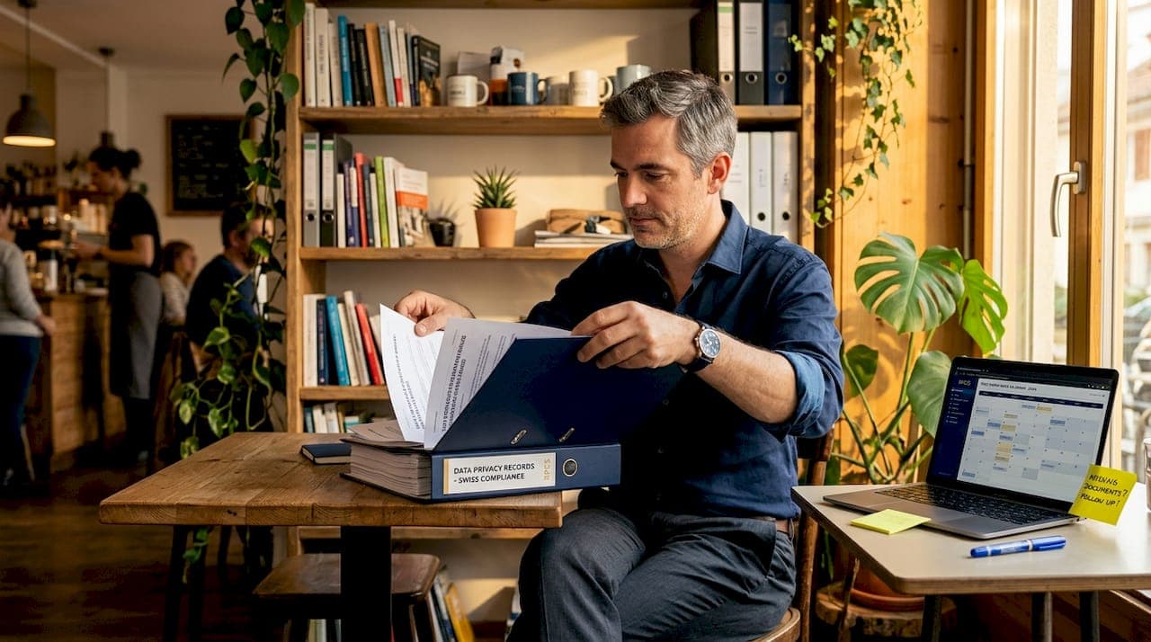 Manager organizing compliance records in Swiss office