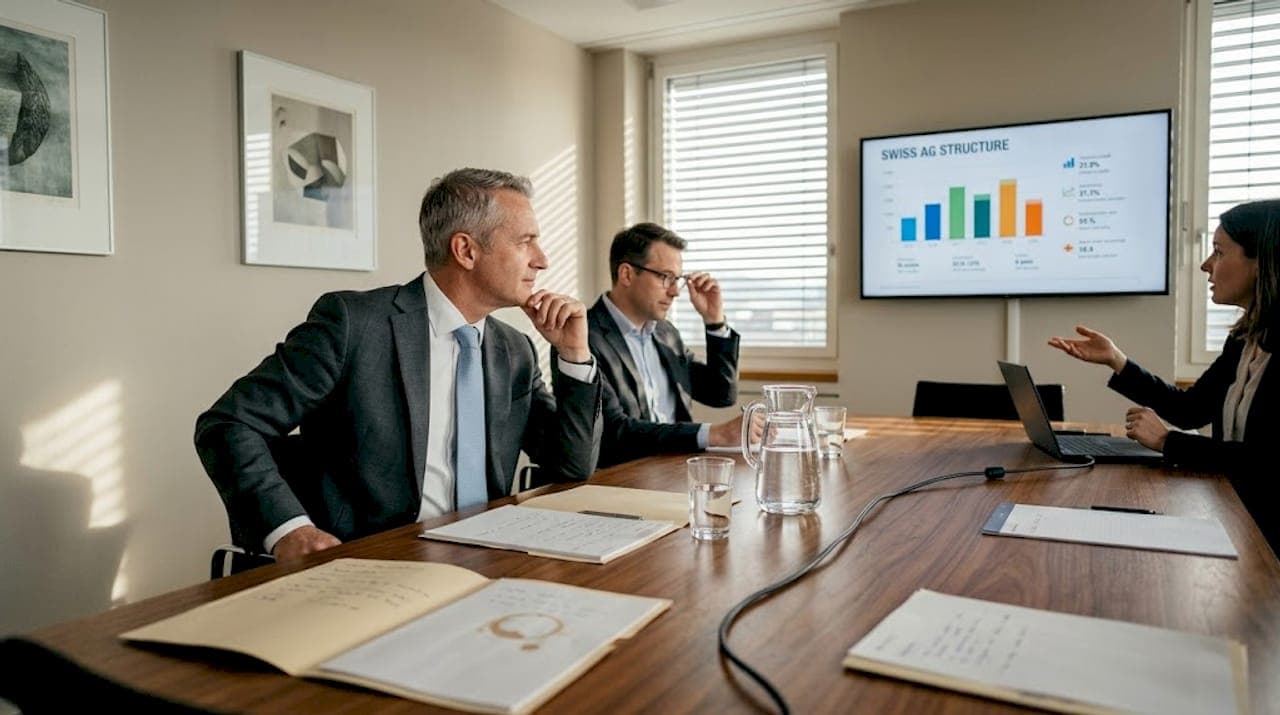 Executives discuss Swiss AG structure in boardroom