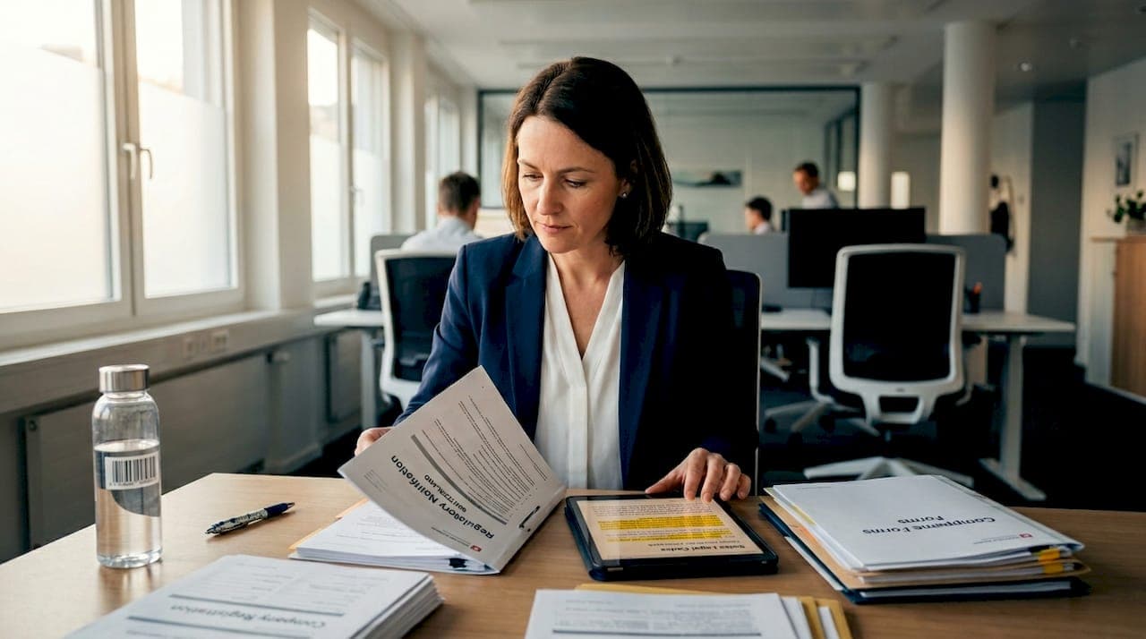 Compliance officer reviews Swiss regulatory documents