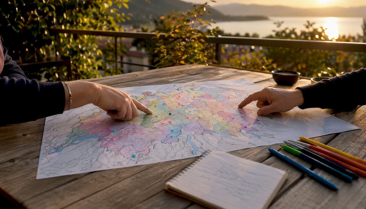 Overhead view of map with hands indicating tax rates