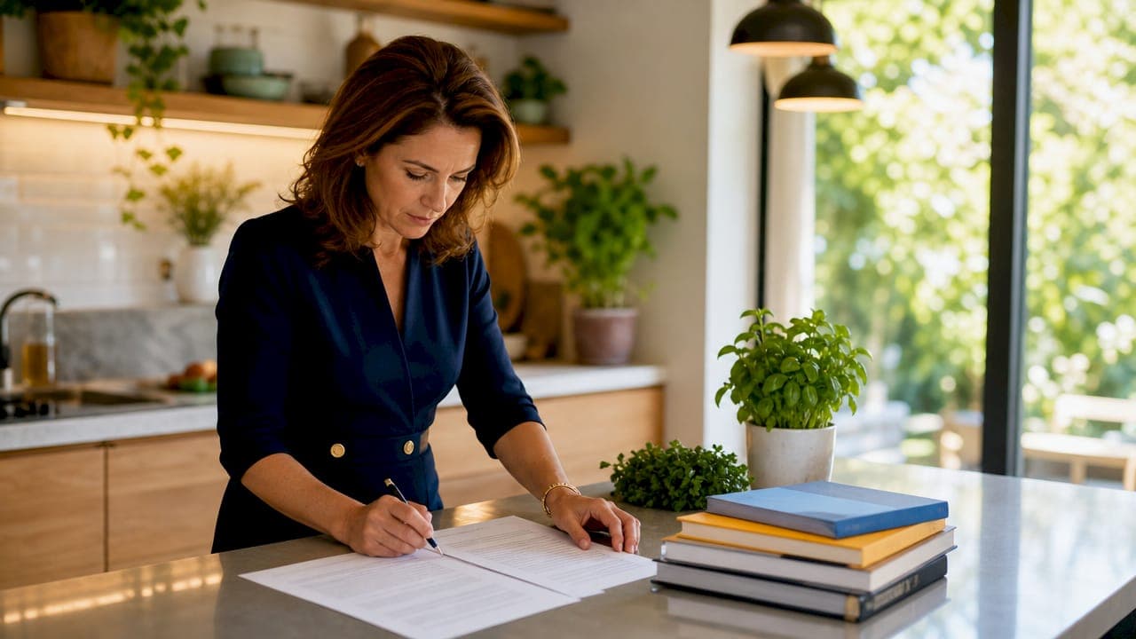 Woman working on telework regulations at home office