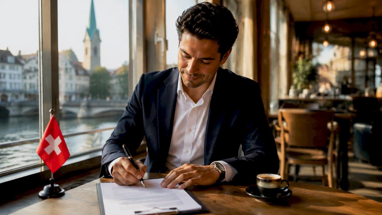 Hands signing Swiss employment contract