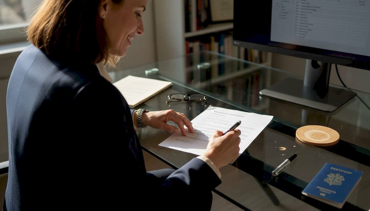 Entrepreneur signing shareholder agreement at desk