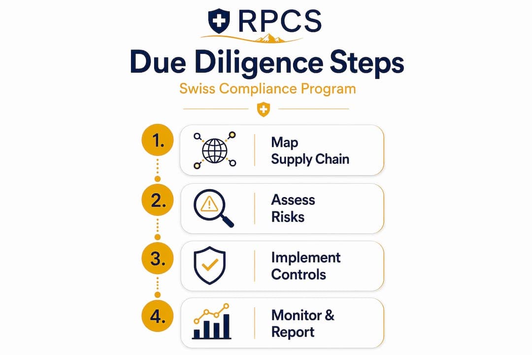 Infographic outlining steps for Swiss due diligence program