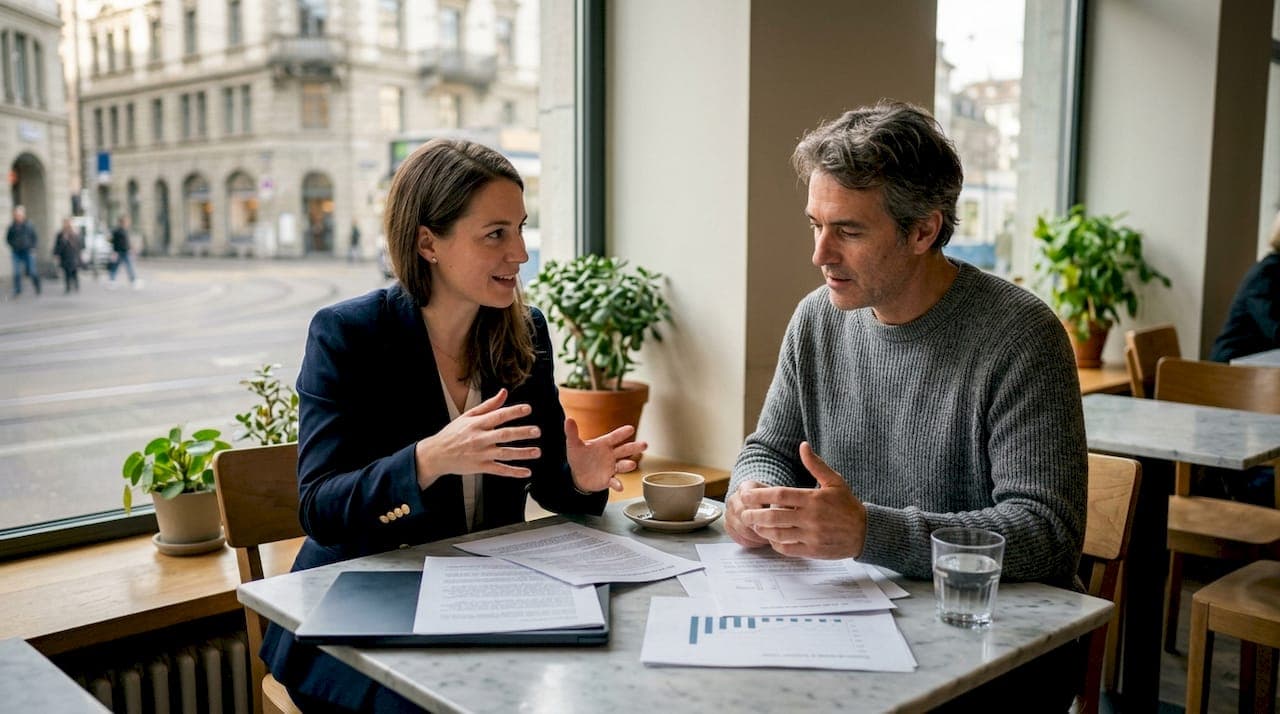 Swiss M\&A advisors collaborating at conference table