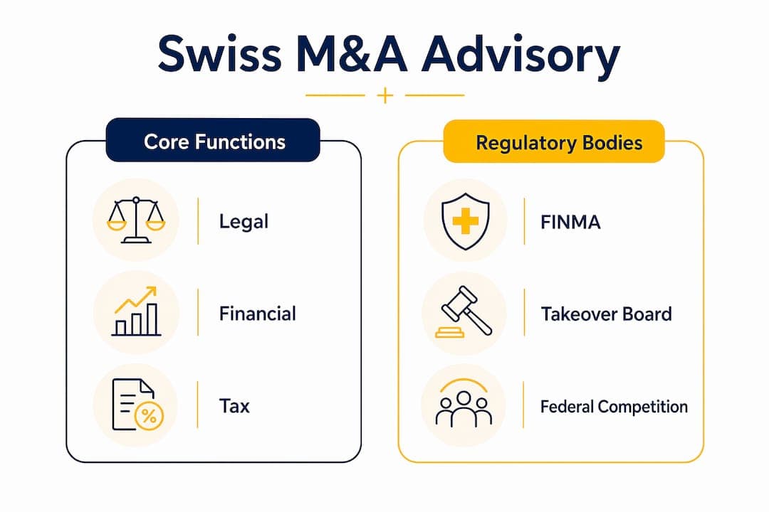 Infographic showing core functions and regulatory bodies in Swiss M\&A